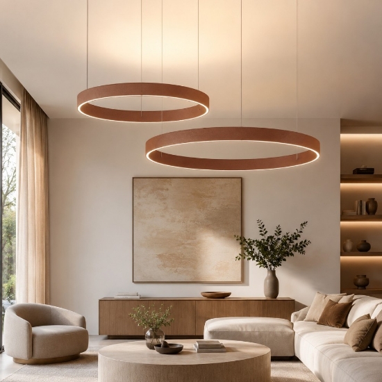 Lampadario due anelli 100-120 cm rame opaco led 240w cct 3000k 4000k per soggiorno moderno