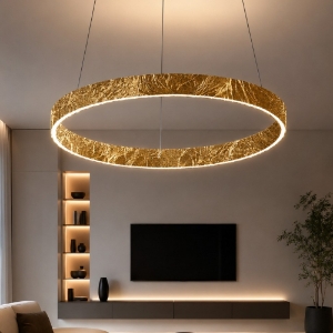 Lampadario a sospensione moderno foglia oro anello 60 cm led 56w cct 3000k 4000k per soggiorno