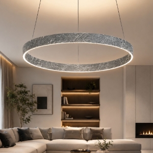Lampadario a sospensione anello 60 cm foglia argento led 56w cct 3000k 4000k per salotto
