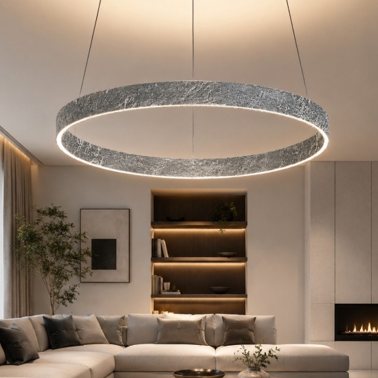 Lampadario a sospensione anello 60 cm foglia argento led 56w cct 3000k 4000k per salotto