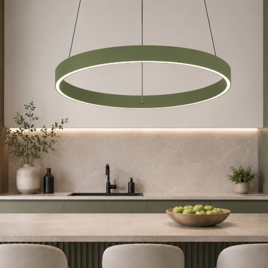 Lampadario per cucina moderna verde salvia anello 60 cm led 56w cct 3000k 4000k
