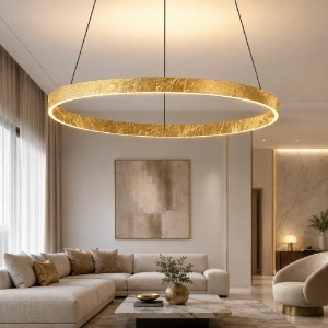 Lampadario a sospensione moderno foglia oro anello 80 cm led 76w cct 3000k 4000k per soggiorno