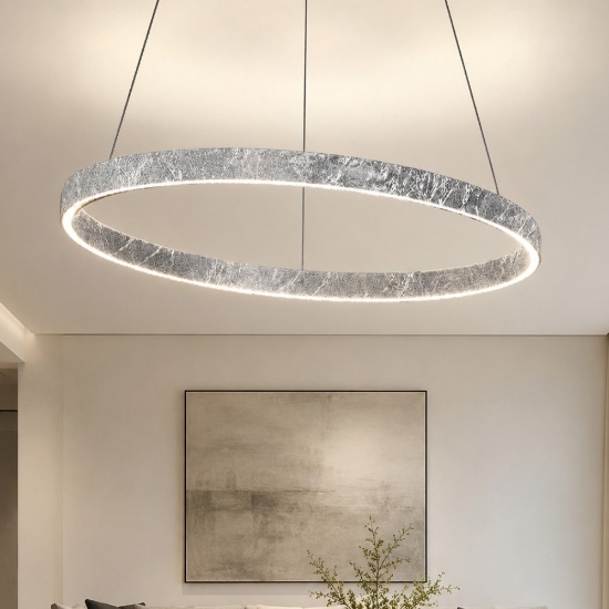 Lampadario foglia argento anello 80 cm biemissione led 76w cct 3000k 4000k dimmerabile per soggiorno