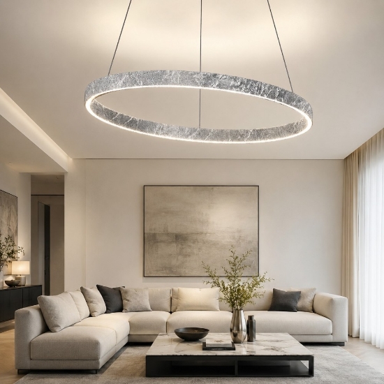 Lampadario foglia argento anello 80 cm biemissione led 76w cct 3000k 4000k dimmerabile per soggiorno