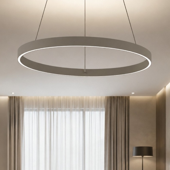 Lampadario moderno sospensione tortora anello 80 cm led 76w cct 3000k 4000k per soggiorno