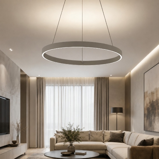 Lampadario moderno sospensione tortora anello 80 cm led 76w cct 3000k 4000k per soggiorno