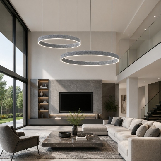 Lampadario moderno a sospensione grigio perla anelli 60-80 cm led 150w cct 3000k 4000k