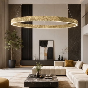 Lampadario moderno anello 100 cm foglia oro led 86w cct 3000k 4000k per salone
