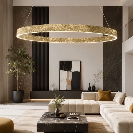Lampadario moderno anello 100 cm foglia oro led 86w cct 3000k 4000k per salone