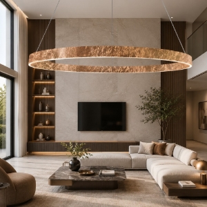 Lampadario moderno anello 100 cm foglia rame led 86w cct 3000k 4000k per salone