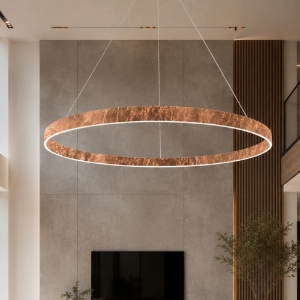 Lampadario moderno anello decoro foglia rame led 116w cct 3000k 4000k per grande soggiorno