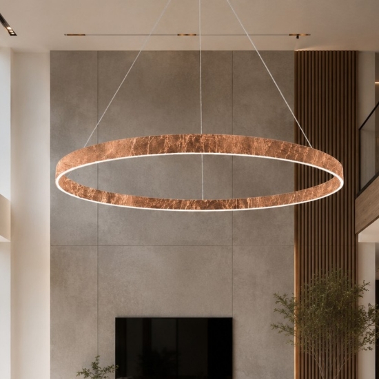 Lampadario moderno anello decoro foglia rame led 116w cct 3000k 4000k per grande soggiorno