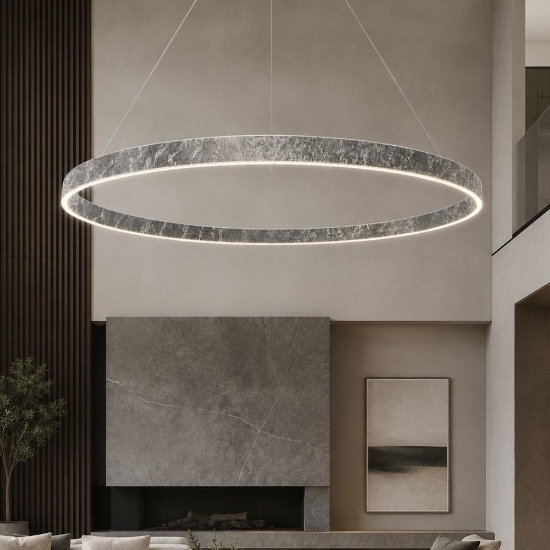Lampadario grande anello 120 cm a sospensione moderno foglia argento led 116w cct 3000k 4000k