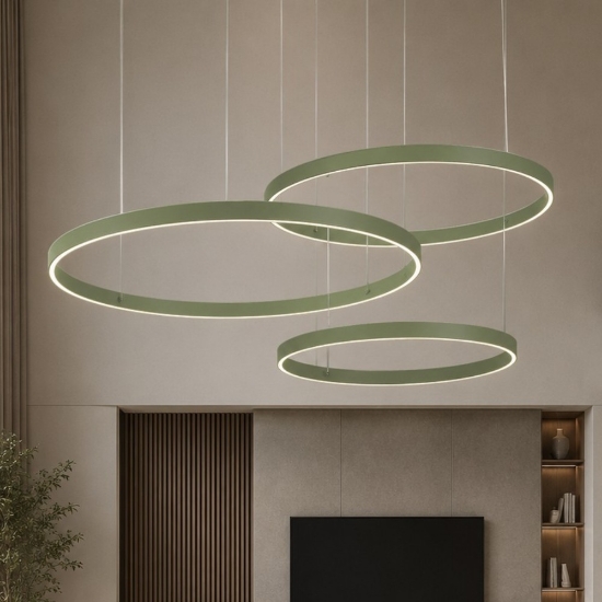 Lampadario moderno 3 anelli 80-100-120 cm verde salvia led 300w cct 3000k 4000k