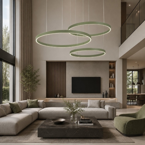 Lampadario moderno 3 anelli 80-100-120 cm verde salvia led 300w cct 3000k 4000k