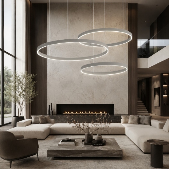 Lampadario a sospensione moderno 3 anelli 60-80-100 cm tortora led 260w cct 3000k 4000k