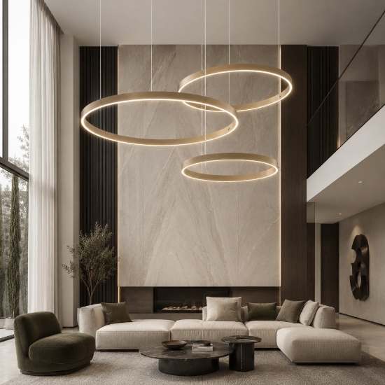 Lampadario a sospensione moderno tortora anelli 60-80-100 cm led 200w cct 3000k 4000k