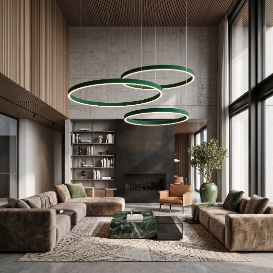 Lampadario 3 anelli 40-60-80 cm moderno verde bosco led 200w cct 3000k 4000k