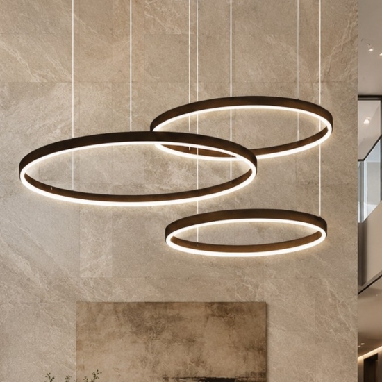 Lampadario 3 anelli sospensioni 60-80-100 cm moderno ruggine led 260w cct 3000k 4000k