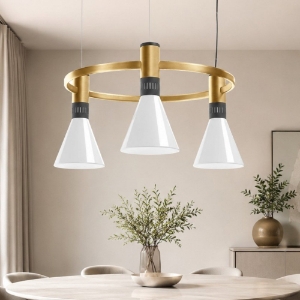 Lampadario moderno satin gold vetro bianco stilnovo cono