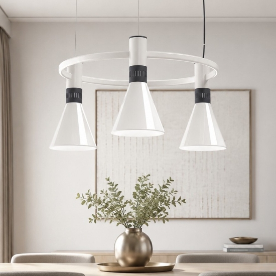 Lampadario a sospensione moderno bianco cono vetro dimmerabile 3x14w 2700k