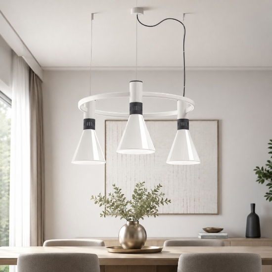 Lampadario a sospensione moderno bianco cono vetro dimmerabile 3x14w 2700k