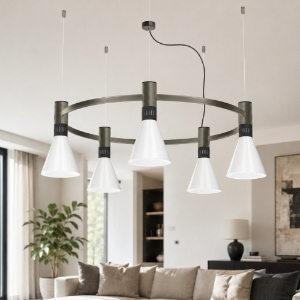 Lampadario a sospensione moderno nichel vetro bianco dimmerabile stilnovo cono