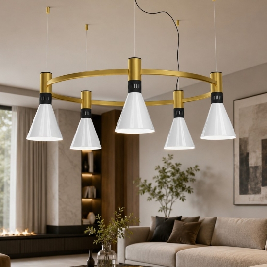Stilnovo cono lampadario  moderno oro vetro 5x14w 2700k dimmerabile