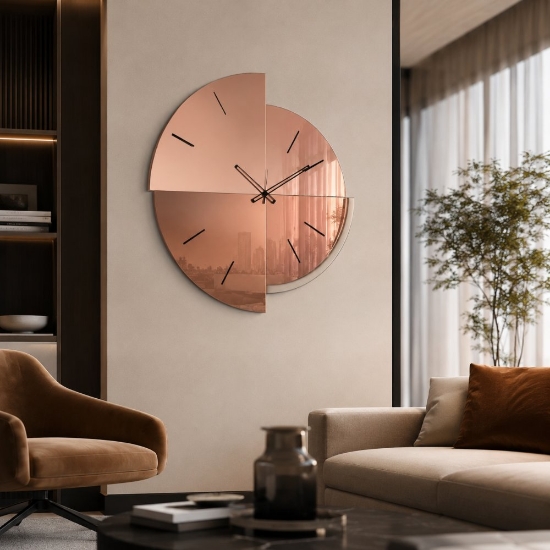 Orologio rotondo da parete moderno effetto specchio rame 65x70 cm