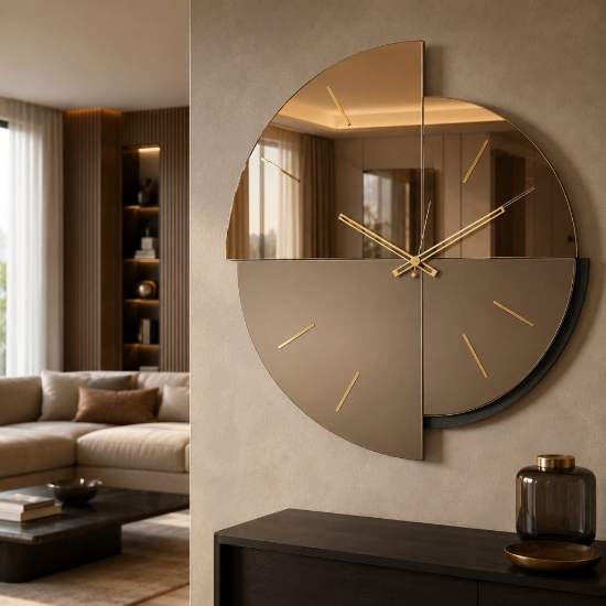 Orologio a parete rotondo moderno effetto specchio ottone 65x70 cm