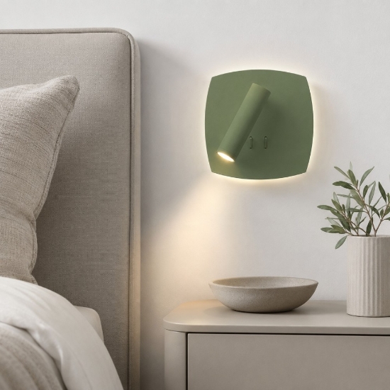 Lampada a parete da comodino verde salvia led 6+3w 3000k orientabile per camera da letto moderna