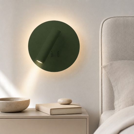 Applique camera da letto verde bosco da comodino doppia luce led 9w 3000k orientabile