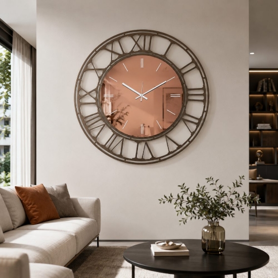 Orologio da parete moderno rotondo effetto specchio bronzo 70cm