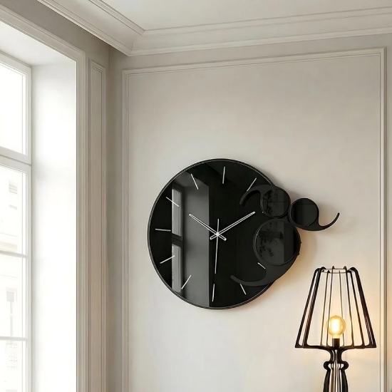 Orologio da parete elegante nero rotondo effetto nero specchiato 70x85 cm