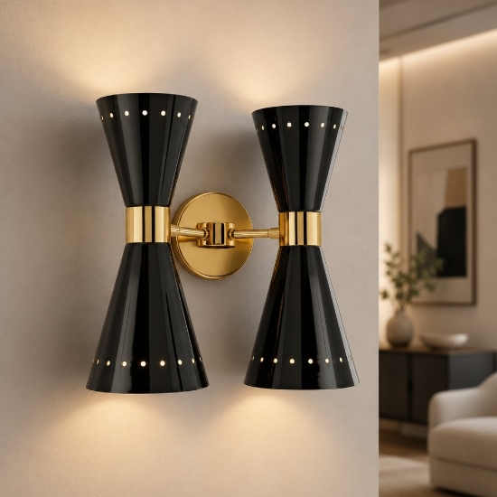 Megafono stilnovo applique da parete due luci nera e oro
