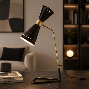 Lampada da tavolo contemporanea nera e oro stilnovo megafono