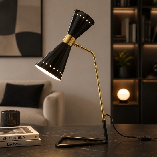 Lampada da tavolo contemporanea nera e oro stilnovo megafono