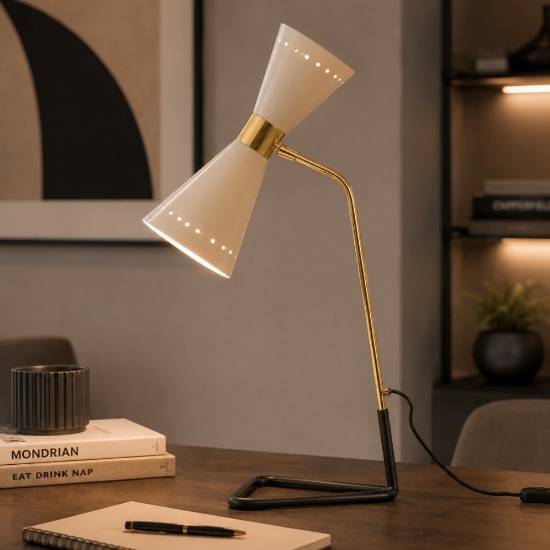 Lampada da tavolo design oro doppia emissione e14 2x6.5w led 2700k per soggiorno