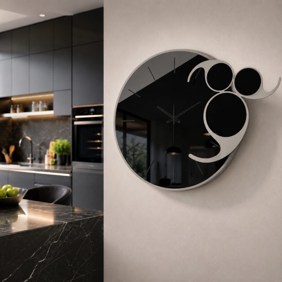 Orologio rotondo moderno da parete fango e nero specchiato