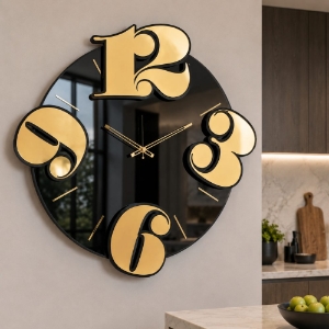 Orologio rotondo moderno per cucina effetto specchio nero numeri oro