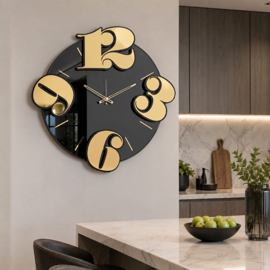 Orologio rotondo moderno per cucina effetto specchio nero numeri oro