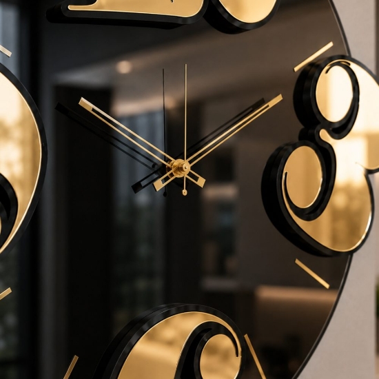 Orologio rotondo moderno per cucina effetto specchio nero numeri oro