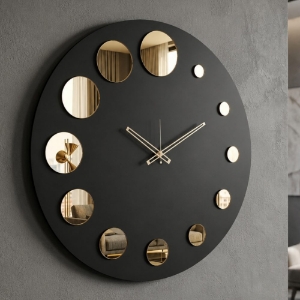 Orologio nero da parete moderno rotondo effetto specchio oro 70cm