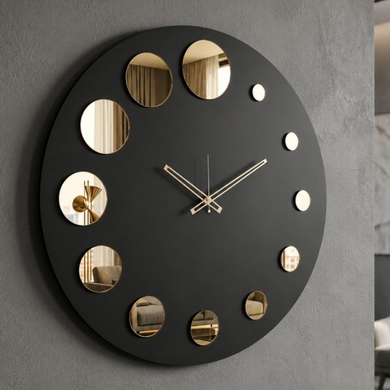 Orologio nero da parete moderno rotondo effetto specchio oro 70cm