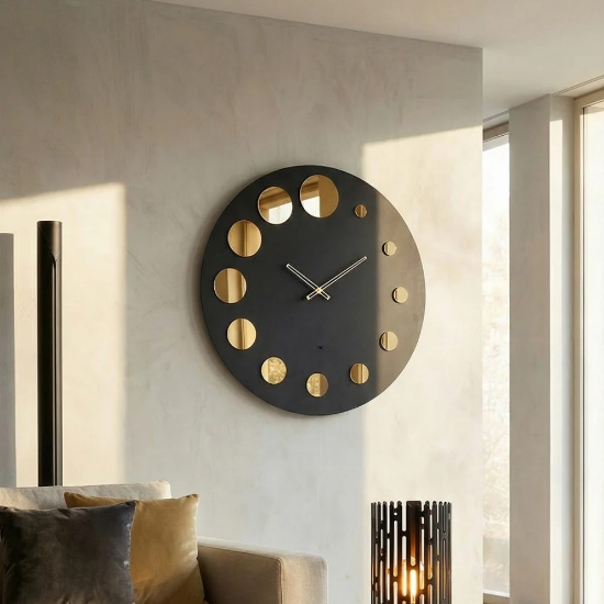Orologio nero da parete moderno rotondo effetto specchio oro 70cm