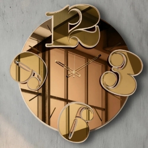 Orologio rotondo moderno per parete effetto specchio ambra numeri oro