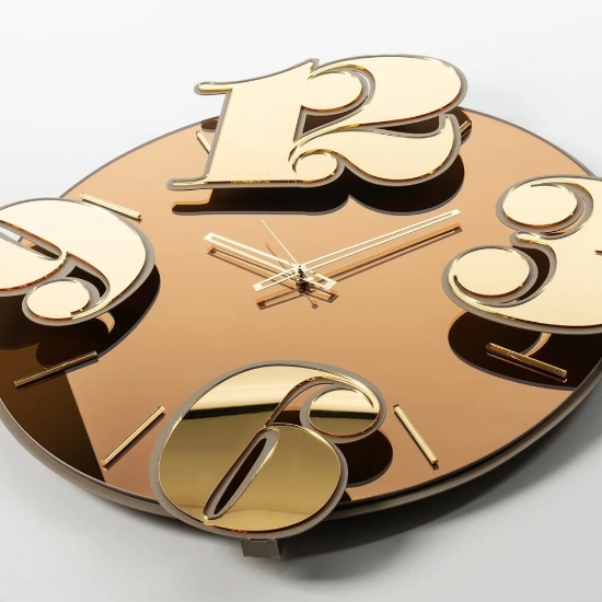 Orologio rotondo moderno per parete effetto specchio ambra numeri oro