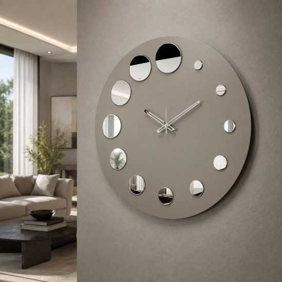 Orologio rotondo moderno a parete fango effetto specchio cromo 70cm