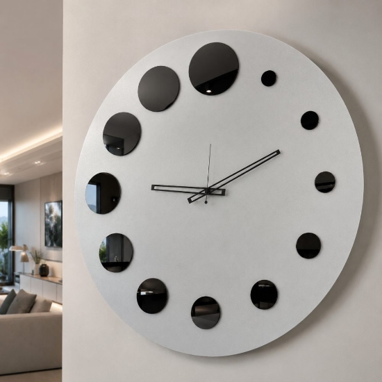 Orologio rotondo da parete cucina moderna alluminico cerchi nero specchiato 70cm