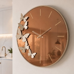 Orologio moderno rotondo a parete effetto specchio bronzo farfalle oro 70cm
